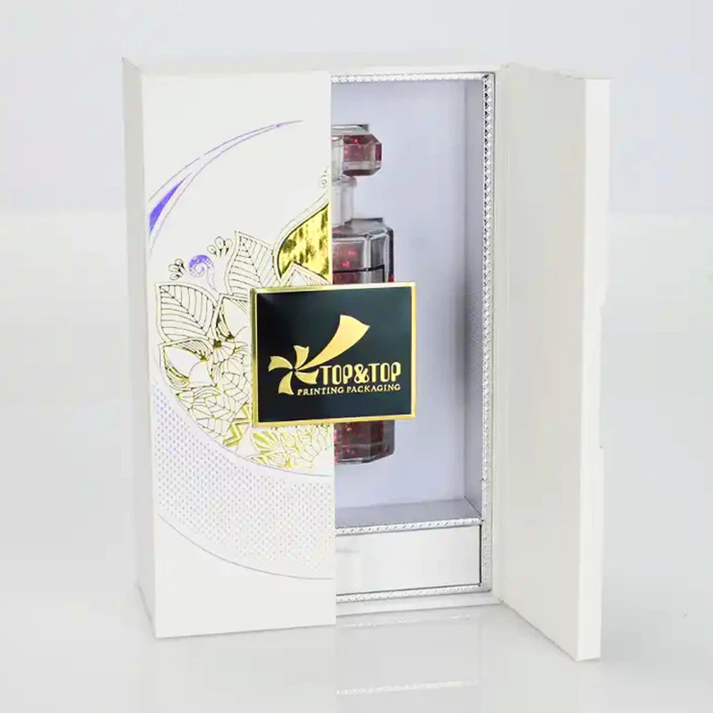 Design Custom Logo Rigid Paper White Cardboard Book Shaped Double Open Door Perfume Gift Box Packaging With Drawer Box